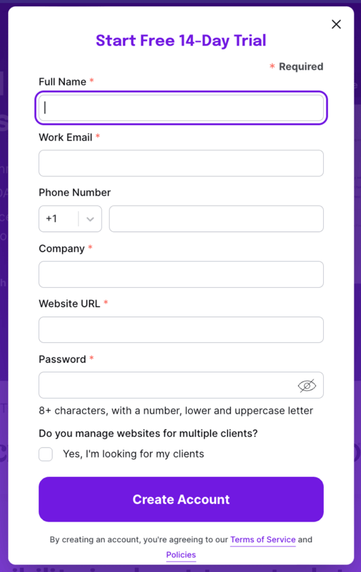 Screenshot of the Start Free 14-Day Trial form showing the required input fields of full name, work email, phone number, company, website URL, and password.