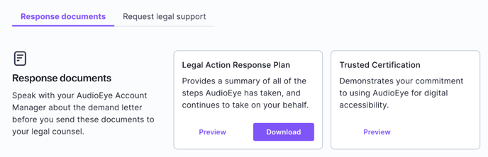 Screenshot of the Response documents tab on the Legal resources page