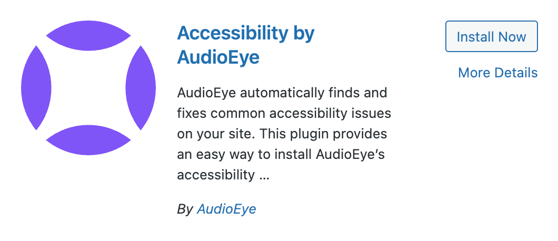 Screenshot of the Accessibility by AudioEye plugin with the Install Now button visible.