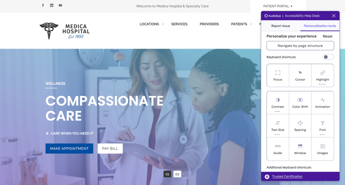 Screenshot of a web page with the AudioEye Accessibility Help Desk open to the Personalization tools tab