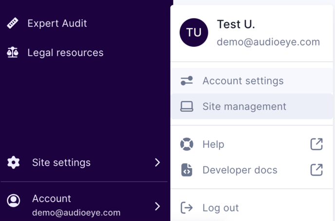 Screenshot of the Account submenu open and the Site management option highlighted