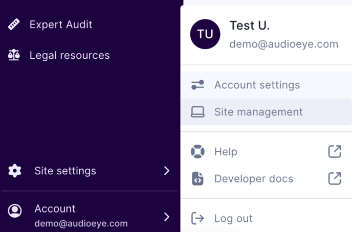 Screenshot of the Account submenu open and the Site management option highlighted
