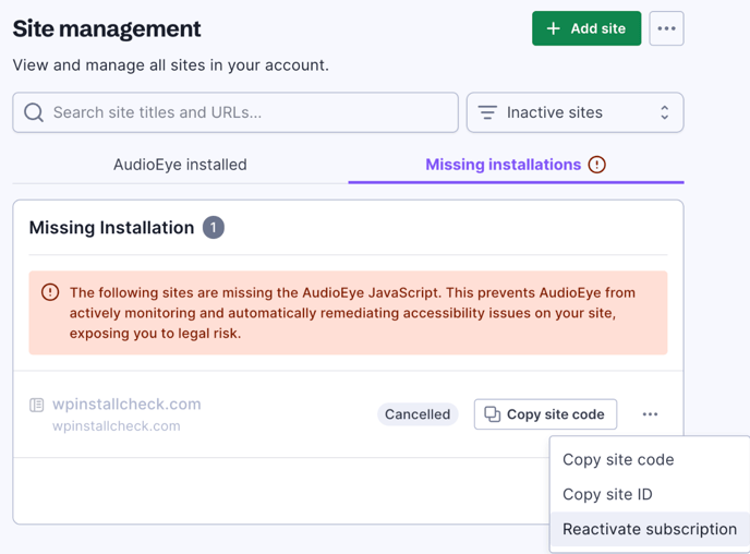 Screenshot of the site management page with the context menu for a site open and the reactivate subscription option highlighted