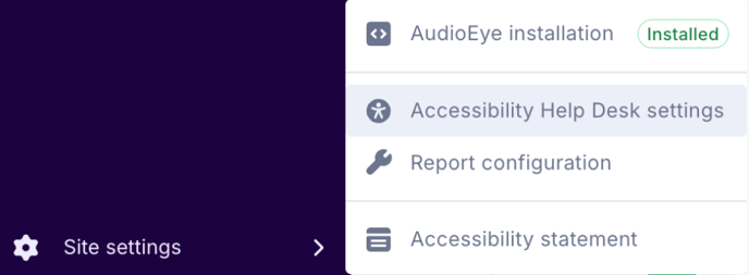 Screenshot showing the Accessibility Help Desk settings option within the Site settings menu