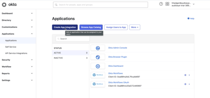 Screenshot of the Applications interface, showing the location of the Create App Integration button.