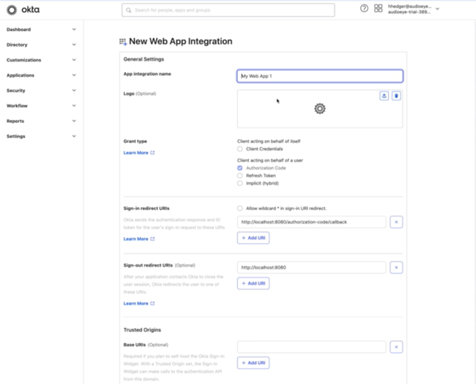Screenshot of the New Web App Integration interface.